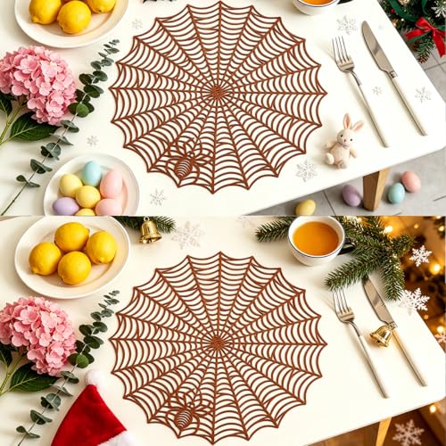 Halloween Spider Web Placemats - Brown 15 Inch Reusable Table Mats for Party & Dining