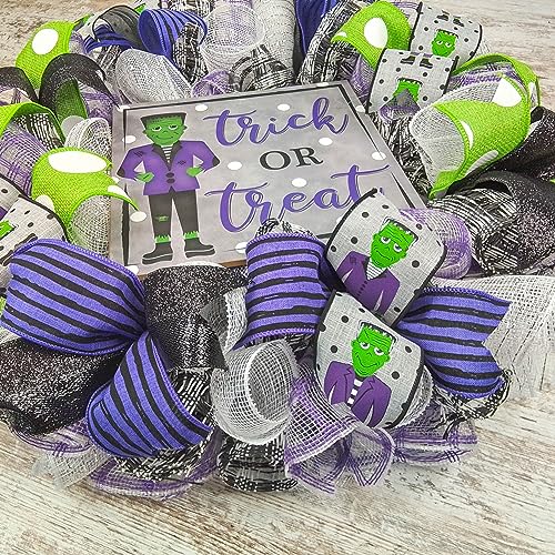 Halloween Frankenstein Wreath - Front Door Decor - Burlap, 24 Inch