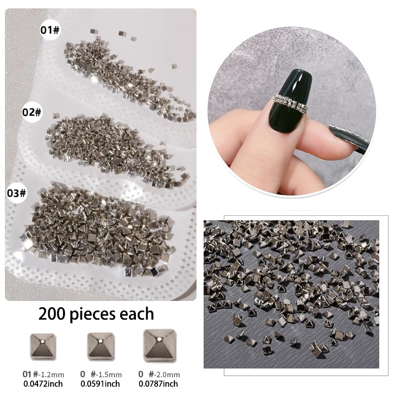 Silver Square Spire Nail Charms Set for Nail Art - 600pcs, 3 Sizes