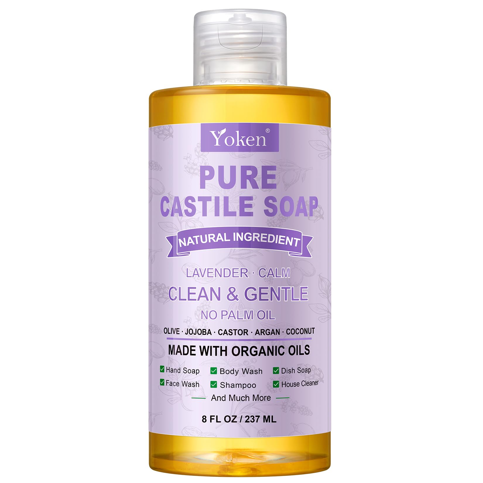 Yoken Pure Castile Soap Liquid Lavender 8 OZ, Made with Certified Organic Oils, Gentle Lavender Soap for Hands & Body Wash, Face, Dishes, Laundry & More - Vegan & Natural Ingredients Cleanser