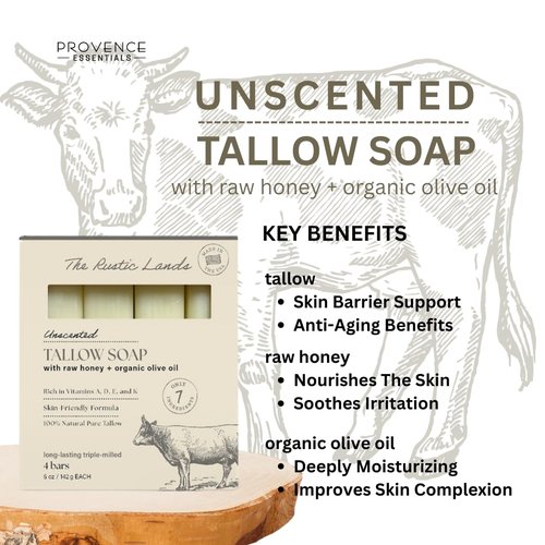 THE RUSTIC LANDS Fragrance Free Natural Tallow Soap Bars Set of 4 - Grass Fed Beef Tallow with Raw Honey & Olive Oil - USA Soap for Sensitive Skin, Moisturizing Bath & Body, 5oz Each
