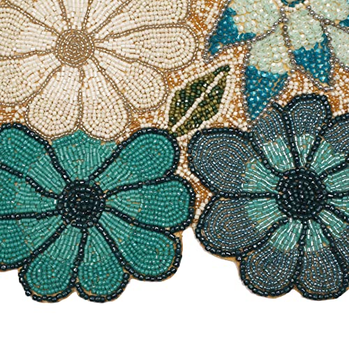 Christmas Beaded Table Runner 13x36 Inch - Teal Multi, Rustic Farmhouse Style