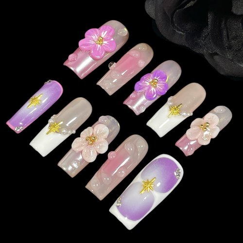 Handmade Press On Nails Medium/Long Square Pink 3D Sakura Design - Reusable French Acrylic Fake Nails with Gold Stars & Pearls, Luxury Cherry Blossom False Nails (Sakura, M)