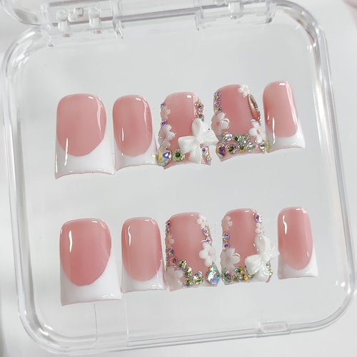 Handmade Press on Nails Short Duck 3D Floral Thick Acrylic Fake Nails White French Tip False Nails with Bow Flower Rhinestones Designs Nail Elegant Sturdy Art Nude Press on Nail 10Pcs(M)