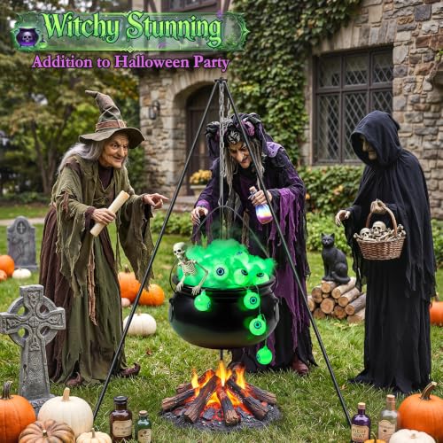 Lighted Witches Cauldron Halloween Decoration with Tripod, Spiders & Cobwebs
