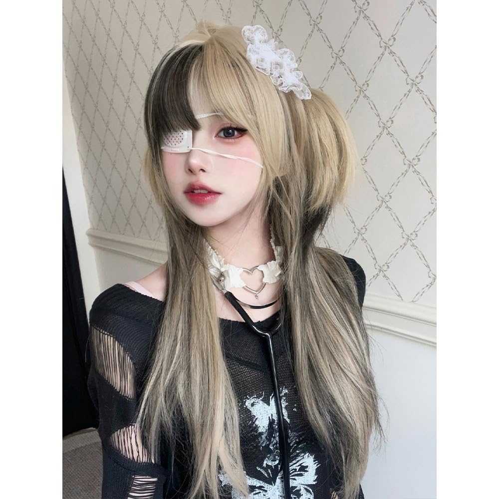 VVRPWASSLY Women Linen Highlights Coffee Wig Clip on Pigtails Long Straight Hair with Bangs Synthetic Wig for Daily Party