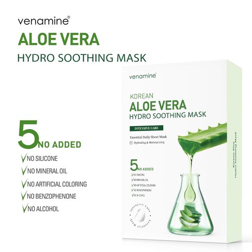 VENAMINE Korean Aloe Vera Hydro Soothing Face Masks, Moisturizing Sheet Mask for Sensitive Skin, 0.81 fl. oz (10 sheet)