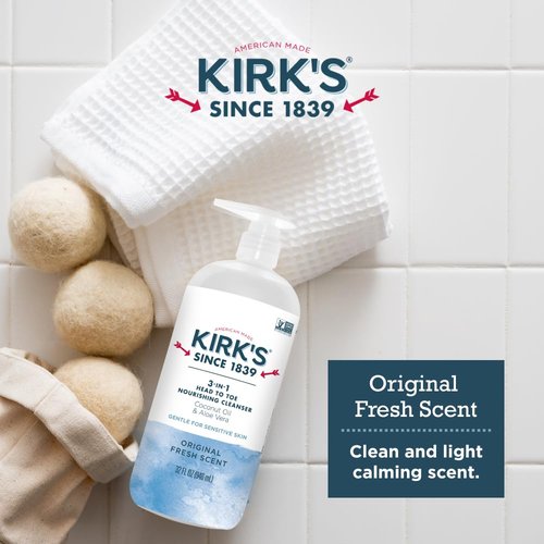 Kirk's 3-in-1 Head to Toe Nourishing Liquid Cleanser & Travel Size Bar Soap - for Men, Women & Children - Premium Coconut Oil and Aloe Vera- Non GMO & Vegan -Original Fresh Scent - 32 Fl Oz. 2 pack