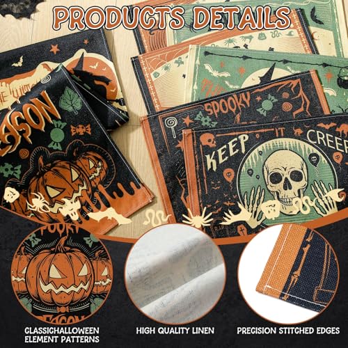 Halloween Placemats with Runner Set - Scary Forest Gothic Bat Skull Design, Washable 12x18 Inches
