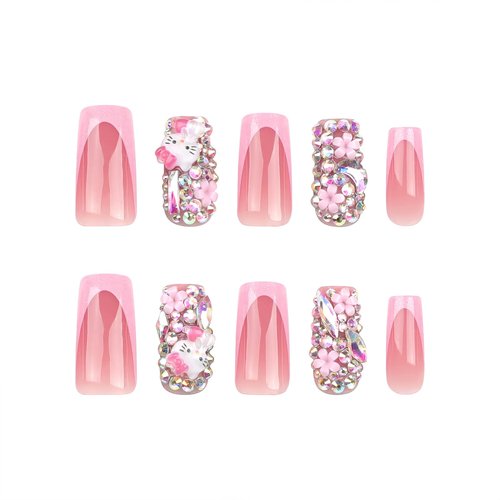 PDFADSK Pink Glitter French Tip Press on Nails Medium Square Fake Nails Glossy Rhinestones Full Cover Coffin False Nail with Rhinestones Charms Design Acrylic Nail for Women 24Pcs