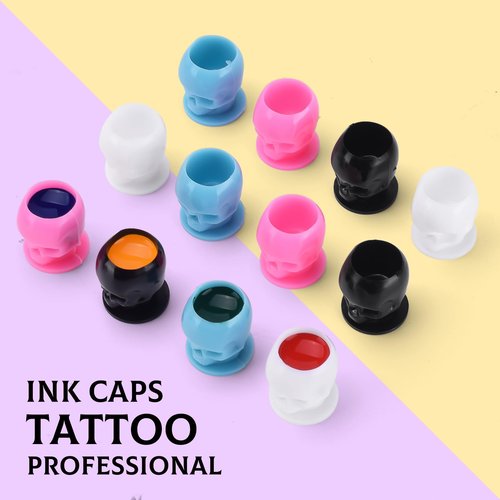 BAMTTOO 200pcs Disposable Pigment Ink Cups - Skull Design for Permanent Makeup, Tattoo Container Cap and Accessory Kits (Mixed Color)