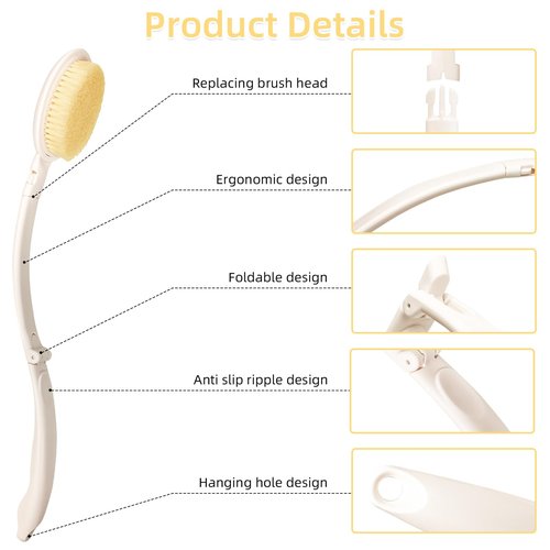 LFJ 19" Long Handle Shower Sponge Brush Set, 3 in 1 Body Brush, Bath Sponge and Lotion Applicator Improved Skin Health, Suitable for Men and Women (White Brush-1P)