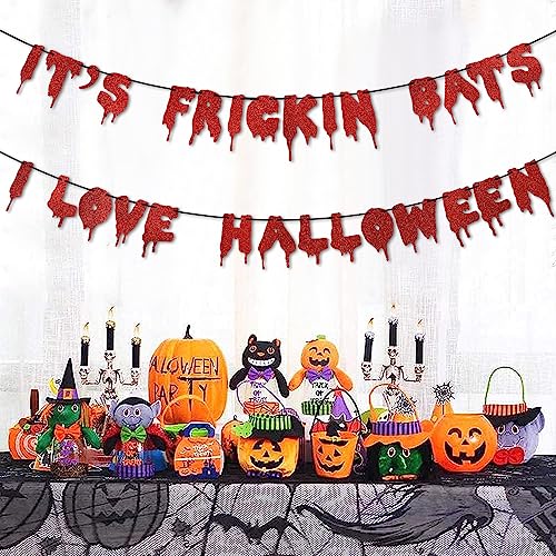 Red Glitter Halloween Banner - It's Frickin Bats Wall Decor Party Garland