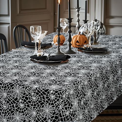 Halloween Spider Web Cotton Tablecloth - Black White 60x84 Inch Rectangular
