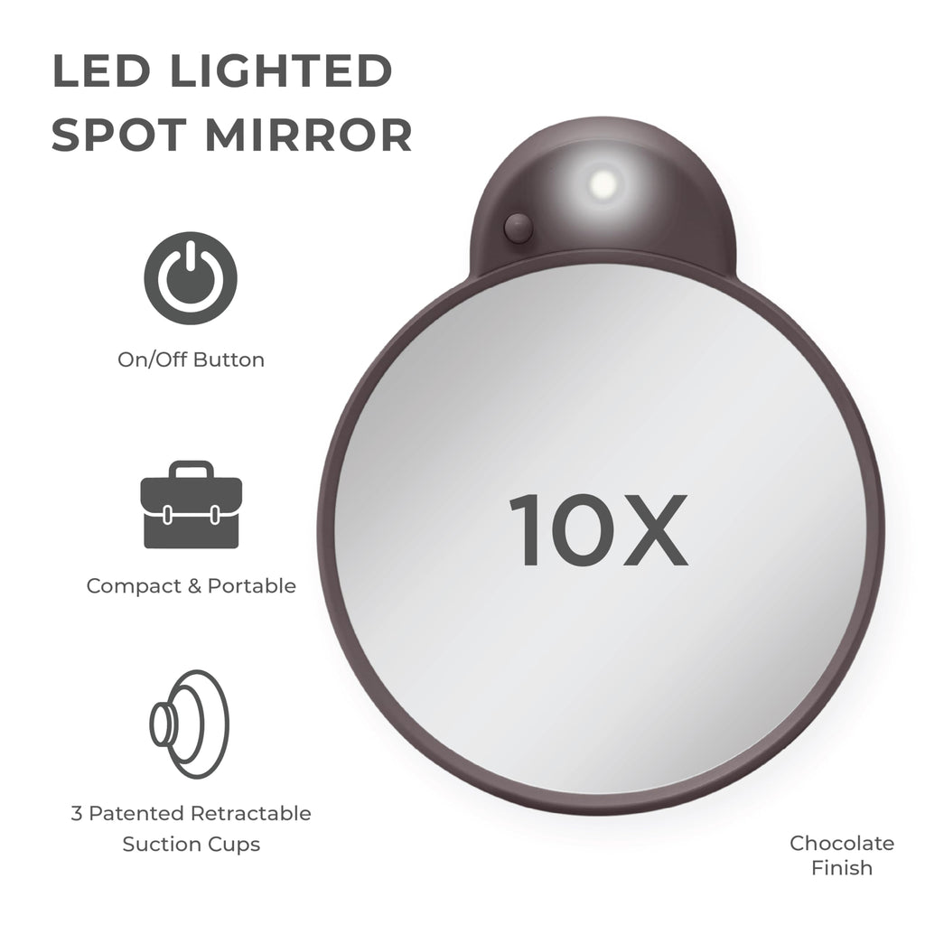 Zadro Magnification Lighted Compact Mirror with LED Light & Retractable Suction Cups – Travel Makeup Mirror, Cool White 6400K Lighting, Battery Operated, Made in USA (Chocolate, 10X | 4.3"L x 3.5"W)