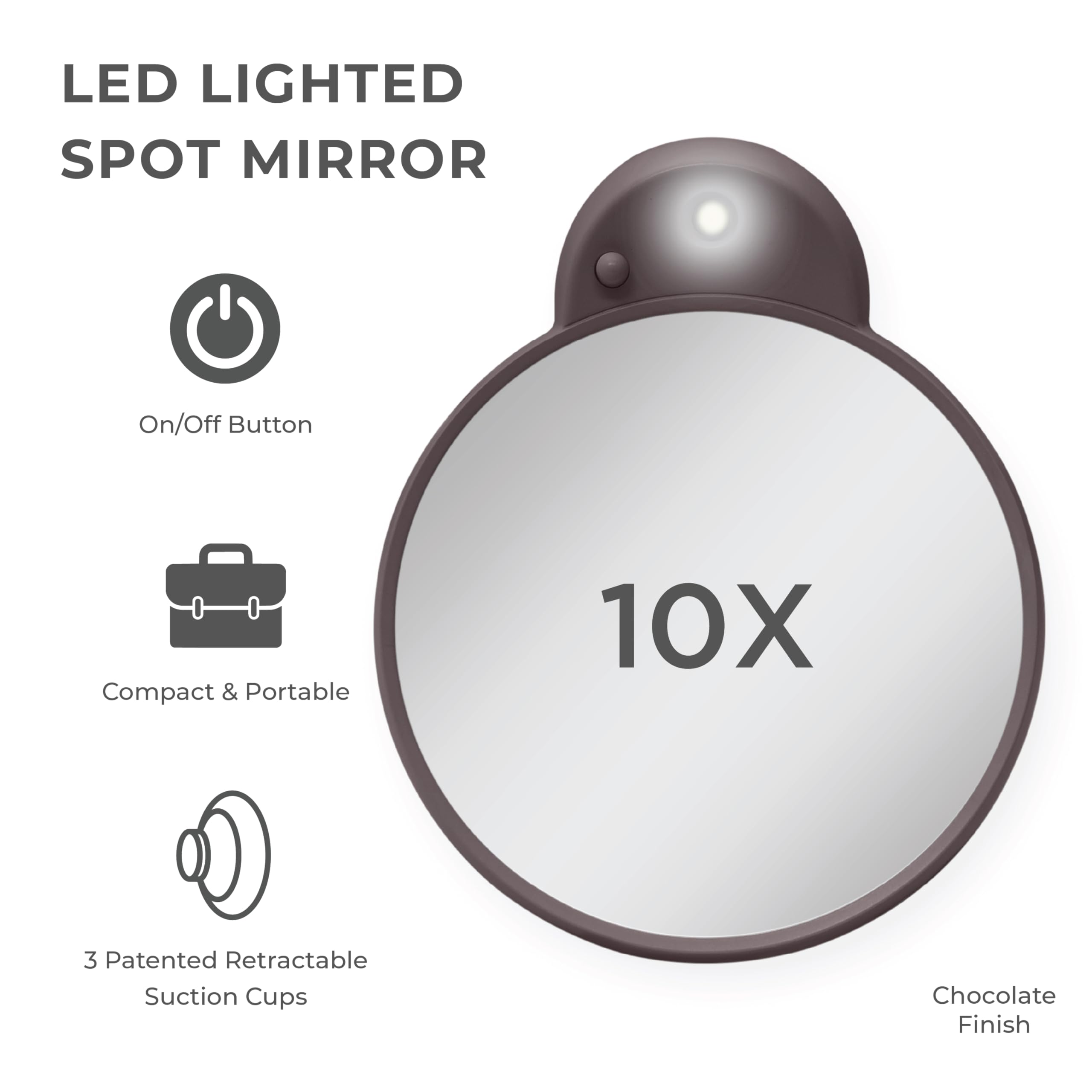 Zadro Magnification Lighted Compact Mirror with LED Light & Retractable Suction Cups – Travel Makeup Mirror, Cool White 6400K Lighting, Battery Operated, Made in USA (Chocolate, 10X | 4.3"L x 3.5"W)
