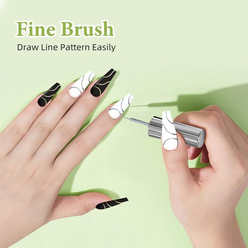 Gel Nail Art Polish Set with Thin Brush – 4 Colors White Gel Nail Polish Black Silver Glitter Liner for Nail Art Design French Tips Soak Off UV/LED 8ml