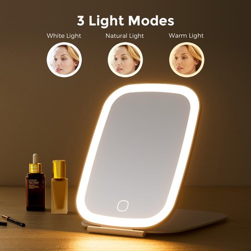 NEZZOE Travel Mirror with LED Light, Rechargeable Portable Lighted Makeup Mirror, 3 Lighting Modes Dimmable Touch Control, Foldable Compact Vanity Mirror for Travel Tabletop, 7x5 Inch