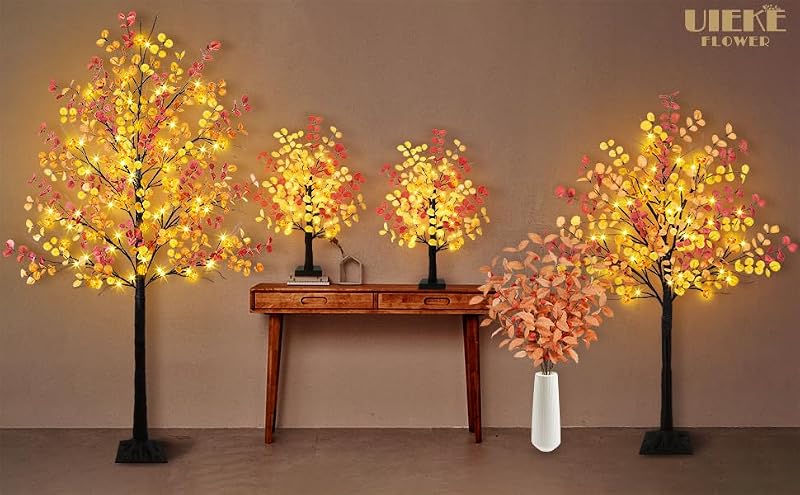 2 Pack 24-Inch Prelit Fall Eucalyptus Trees with Pumpkin LED Lights - Battery Operated Autumn Tabletop Decor