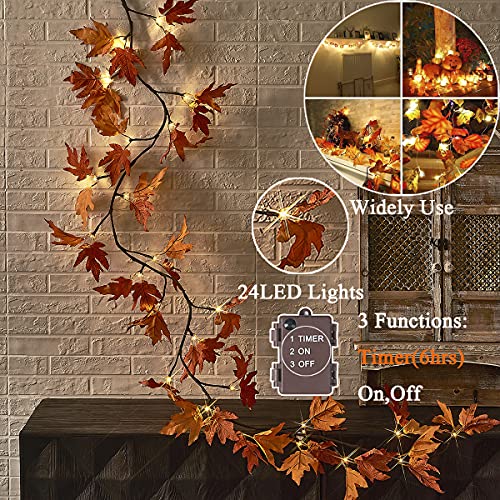 Lighted Maple Leaf Garland with Timer - 6FT Fall Indoor Outdoor Decor - Orange