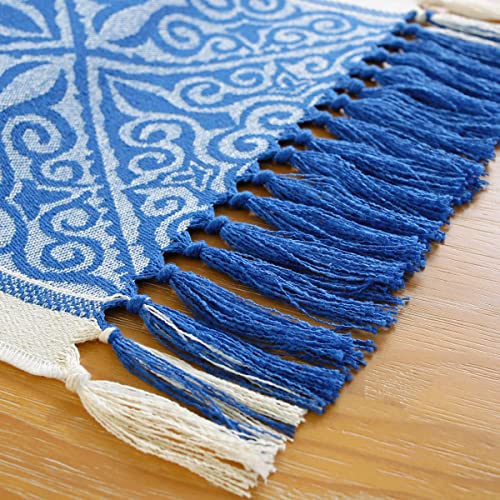 Royal Blue Floral Boho Table Runner 13 x 48 Inches - Handmade Rustic Decor