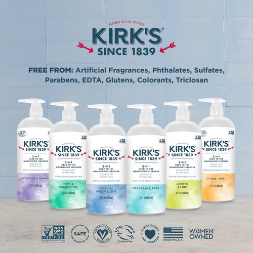 Kirk's 3-in-1 Head to Toe Nourishing Liquid Cleanser- for Men, Women & Children - Premium Coconut Oil & Aloe Vera- Non GMO & Vegan - Lavender and Vanilla - 32 Fl Oz.