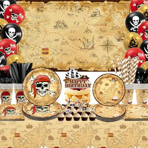 Pirate Party Decorations Kit for Kids - Plates, Cups, Napkins, Tablecloth, Balloons, Backdrop, Cake Toppers