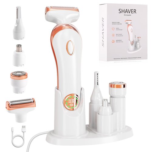 Bikini Trimmer for Women,4-in-1 IPX6 Waterproof Electric Shaver,USB Cordless Painless Electric Razors with LED Display for Legs Bikini Facial Hair Removal, Body Wet&Dry Use Razor Kit for Lady Grooming