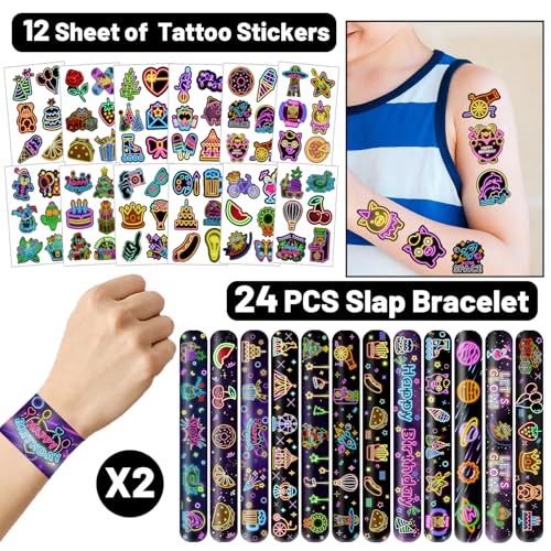 Neon Party Favors Set with Bracelets and Temporary Tattoos for Kids & Adults