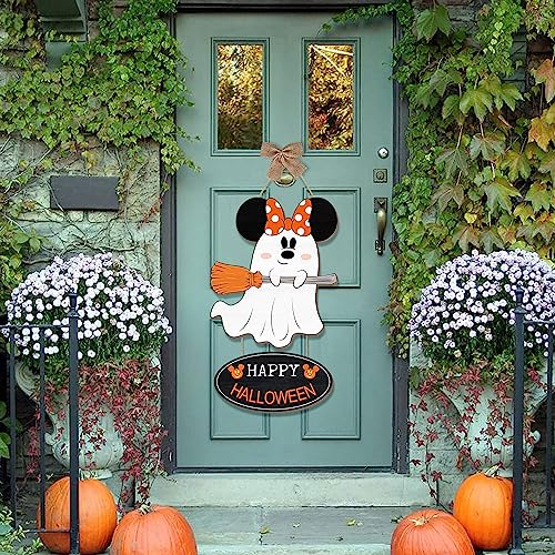 Halloween Ghost Mouse Wooden Hanging Sign for Front Door - Large Spooky Decor