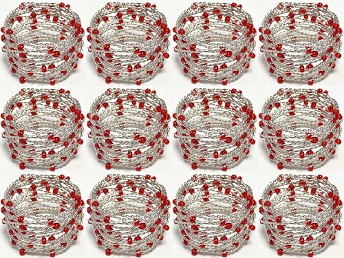 Silver Red Beaded Napkin Ring Set of 12 Mesh Beaded Elegant Table Decor