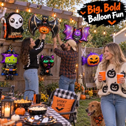 Large Halloween Foil Balloons Set - Bat, Witch, Pumpkin, Black Cat, Skeleton, Ghost & Spider Decorations