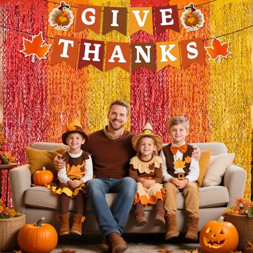 Thanksgiving Foil Fringe Curtain Backdrop with Give Thanks Banner - 2 Pack - Fall Party Decorations - Thanksgiving Variation