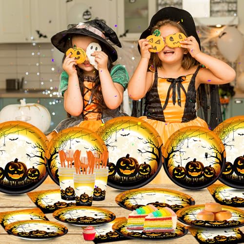 Halloween Party Supplies Disposable Pumpkin Plates Napkins Dinnerware Set for 20 Guests