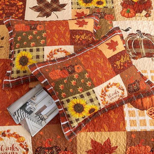 EVENHUG Fall Quilt Queen Size Bedding Set with Pillow Shams - Orange Brown Floral Pumpkin Design, 3 Pieces