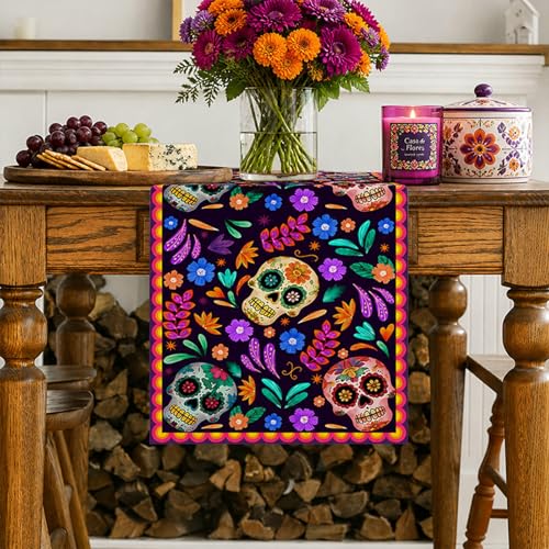 Mexican Sugar Skull Dia De Los Muertos Table Runner 13x72 Inch - Day of The Dead Decor