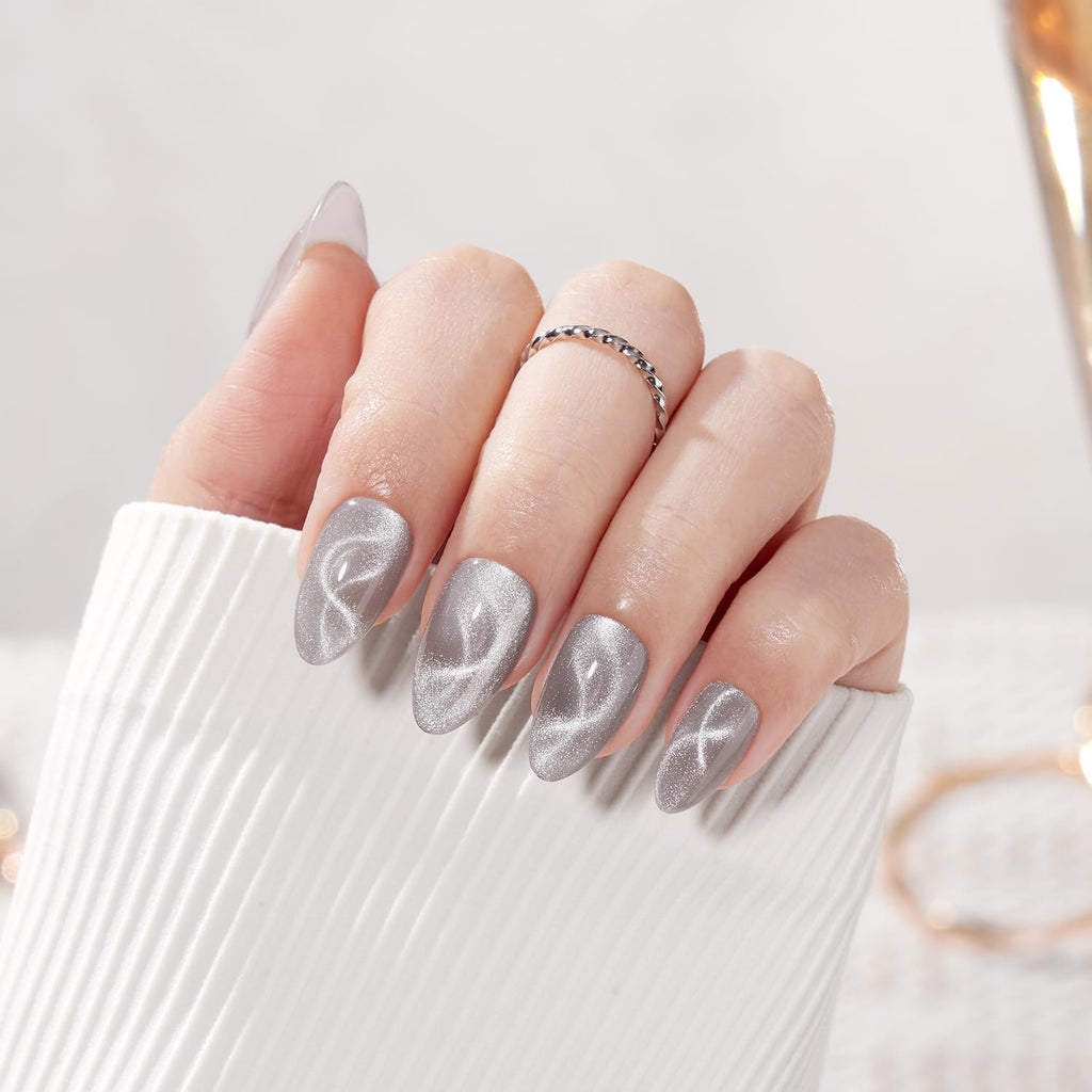VSALON Press On Nails Short Almond, 32 Pcs 16 Sizes Cat Eye Spring Press On Nails Silver Shimmer Ribbon Sparkly Fake Nails With UV Glue Reusable Stick On Nails Semi-transparent