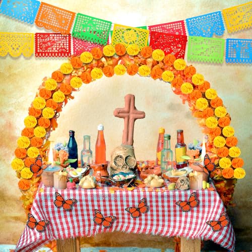 Day of the Dead Decoration Set with Marigolds Butterfly Banners Votive Candles - Orange and Yellow