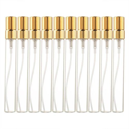 Enslz 10ml 10pcs Glass Spray Bottle Refillable Perfume Atomizer Mini Sample Test Bottle Thin Glass Vials (Gold)
