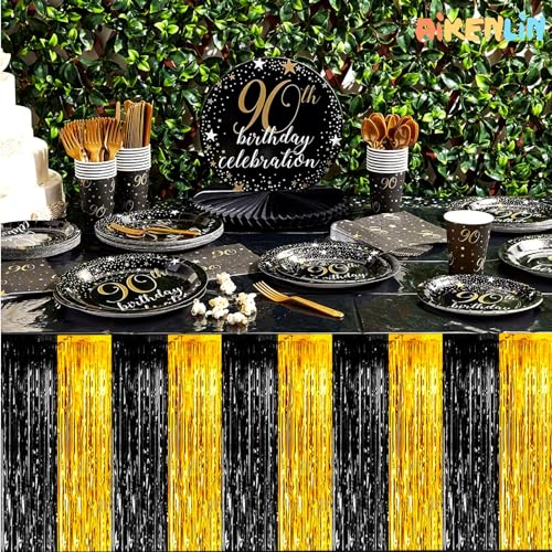 Black and Gold Metallic Foil Fringe Table Skirts 29x108 Inches - 6 Pack for Weddings Parties