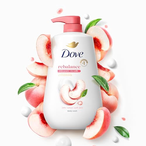 Dove Body Wash 3 Count Rebalance White Peach & Rice Milk For 24hr Lotion-Soft Skin Moisturizing Skin Cleanser with No Sulfates No Parabens