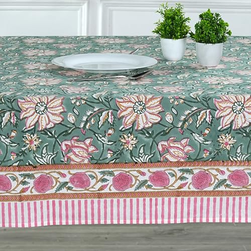 Viridian Green Hand Block Print Cotton Tablecloth 190x72 Inch - Rustic & Elegant Dining Cover