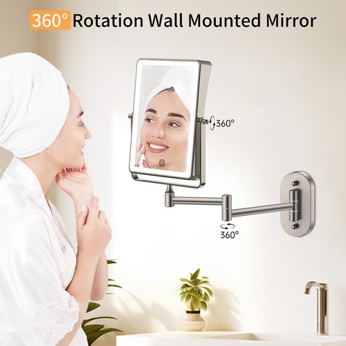 FUNTOUCH 5000mAh Rechargeable Wall Mounted Makeup Mirror with Lights, 8.7" Double Sided 1X/30X Magnifying Mirror with Dimmable 3 Color Light, Extended Swing Arm 360° Wall Mount Bathroom Vanity Mirror