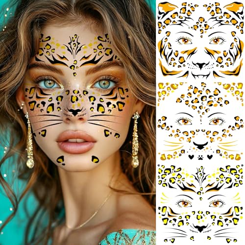 Gold Leopard Metallic Temporary Tattoos Set - Face & Body Glitter Stickers, Halloween & Cosplay