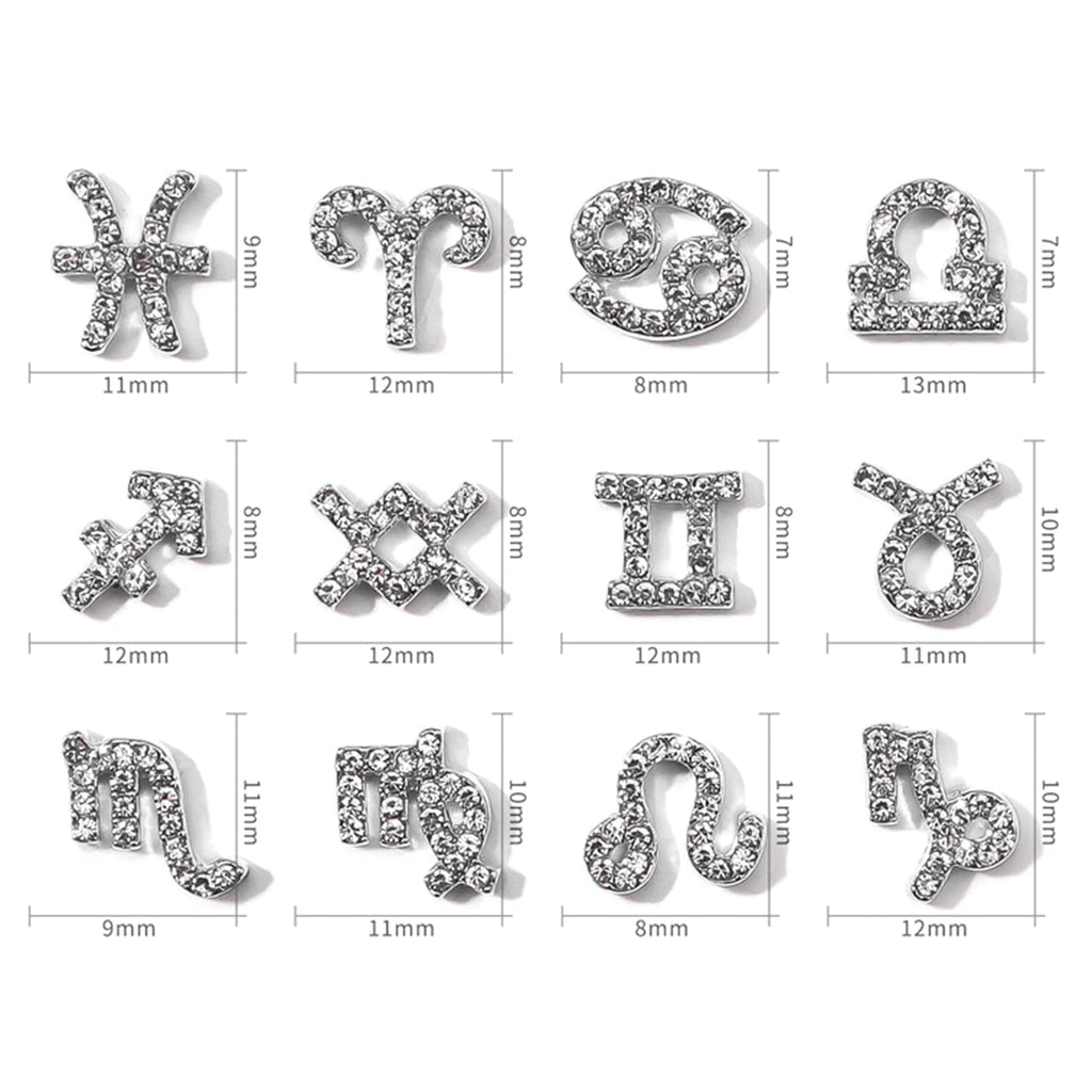 XEAOHESY 48 Pieces Gold and Silver Alloy Zodiac Nail Charms Zodiac Signs Nail Studs Constellation Words Charms for Nails Twelve Constellation Nail Charms Set for Women Girls Nail Art Decoration