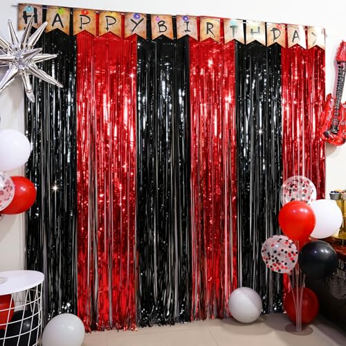 Red Black Party Streamers Backdrop - 2 Pack Fringe Curtains for Stranger & Halloween Parties