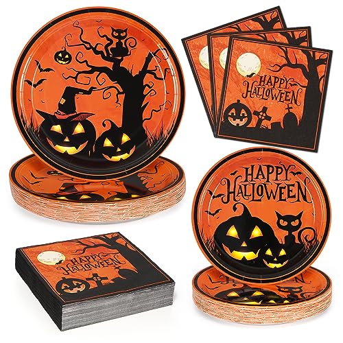 Black Pumpkin Halloween Paper Plates & Napkins Set - Serves 50, Bat & Cat Design