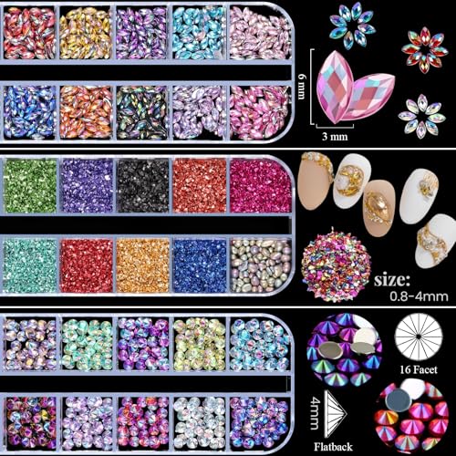 Multicolor Nail Art Rhinestones Kit 3D Flatback Horse Eye & Flower Nail Stickers - 4 Sheets & Tools (Variation: 4 Multicolor)