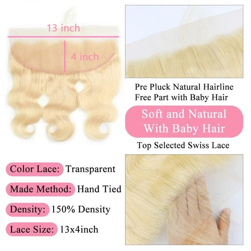 Blonde Human Hair Frontal 13x4 Transparent HD Lace Closure 100% Brazilian Ear To Ear Body Wave 613 Frontal Free Part Pre Plucked with Natural Hairline 10 Inch