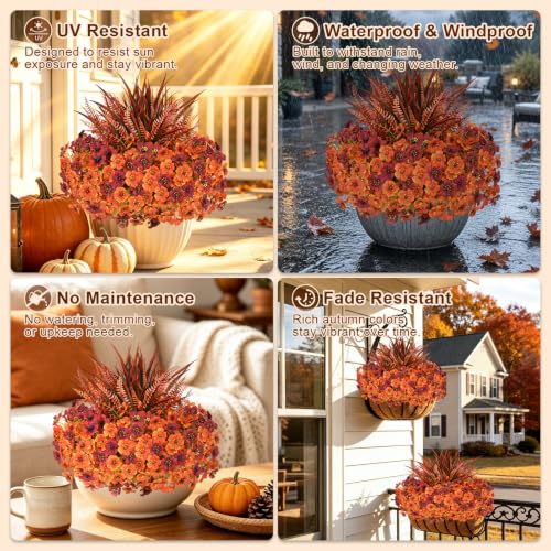 Artificial Fall Flowers Set with UV-Resistant Mums & Plants - Red Orange